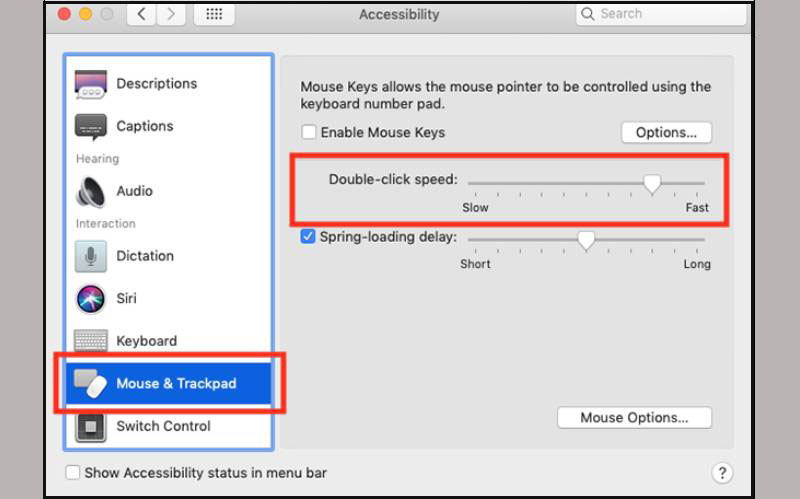 Trên màn hình Accessibility > chọn Mouse and Trackpad. Thanh điều chỉnh tốc độ Double-click speed sẽ xuất hiện, hãy điều chỉnh tốc độ phù hợp.